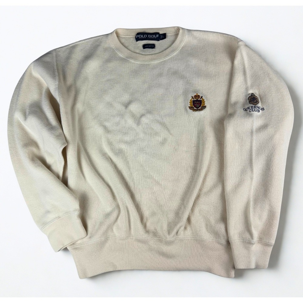 Vintage Polo Golf Ralph Lauren Sweater Mens L Cream Cotton Crest Governors Club